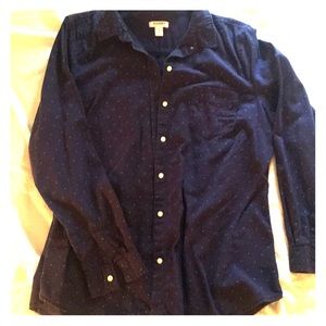 Navy button down with green polka dots
